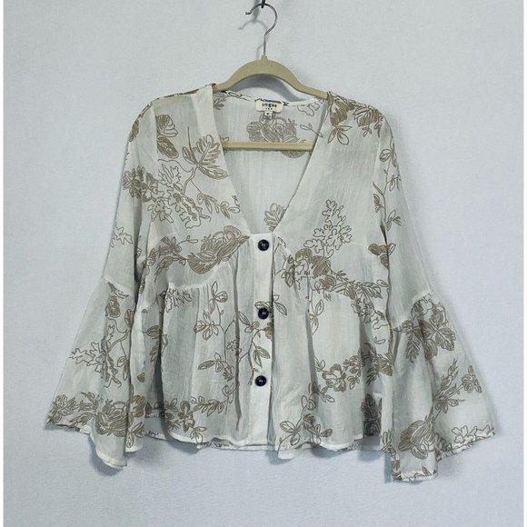 Umgee Womens Medium Cropped Floral Top Button Front Bell Sleeve White Sheer Boho - Picture 1 of 8